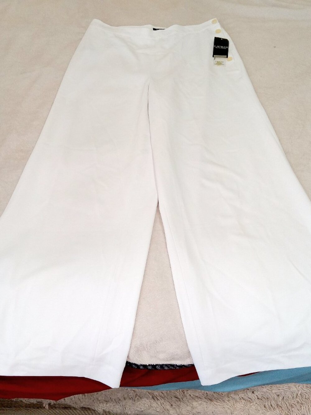 Lauren Ralph Lauren Wide Leg Pants Womens 12 White Button Detail Trousers NEW